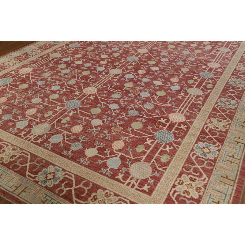 Hand Knotted Oriental 100% Wool Carpet Transitional All-Over Red Oushak Area Rug - 11' 11'' X 9' 4''
