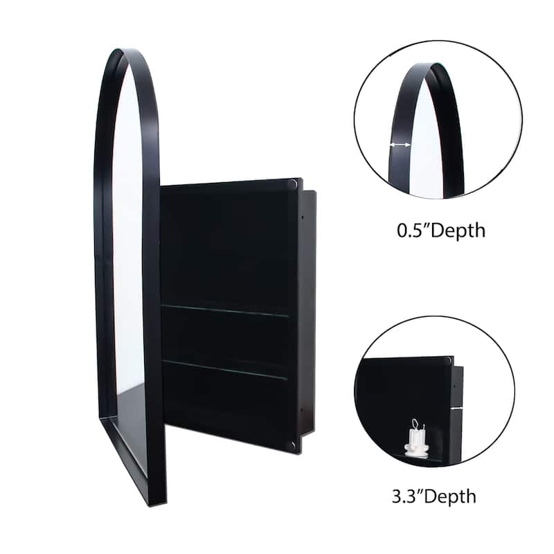 Arched Metal Framed Bathroom Mirror Cabinet, 24x36 Inch Wall Mounted or Recessed Medicine Cabinet with Storage
