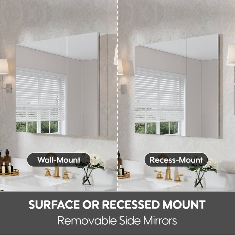 36"W X 30'H Recessed or Surface Wall Mount Bathroom Medicine Cabinet With Adjustable Glass Shelves