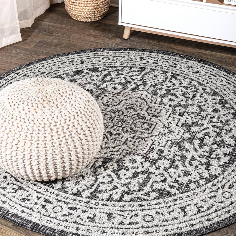 JONATHAN Y Rozetta Medallion Textured Weave Indoor/Outdoor Area Rug - 4' Round - Gray/Black