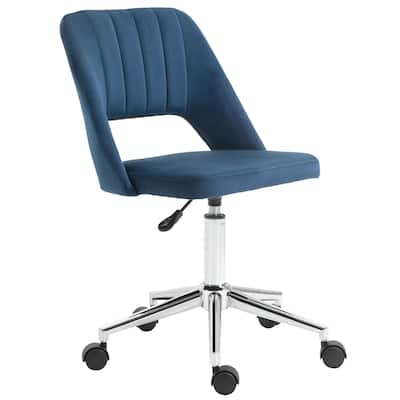 Blue Armless Office Chair, Velvet Fabric, with Hollow Backrest, Height Adjustable, Rotatable, 5 Casters, Metal Base