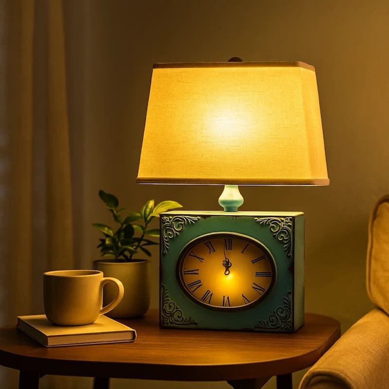 Clock Design Metal Table Lamp Set of 2 with Tapered Shade, Blue and Beige