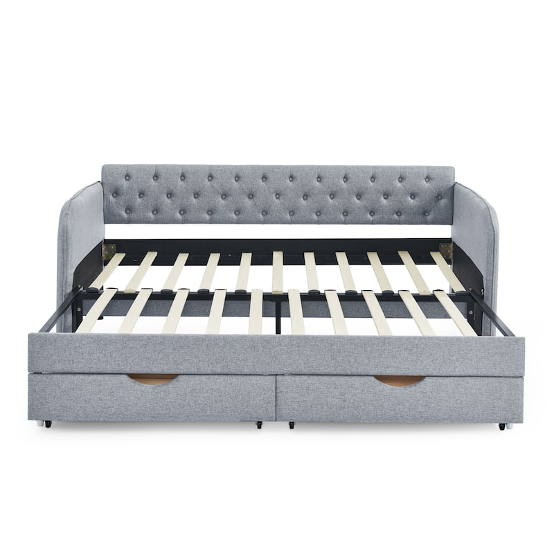 Roomfitters Twin Upholstered Daybed with Trundle, Underbed Storage and Flat Arms with Side Pocket, Extendable Design