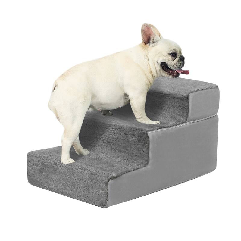 Adeco 3-Tier Dog Stairs Soft Foldable Dog Ramp with Removable Cover - Gray