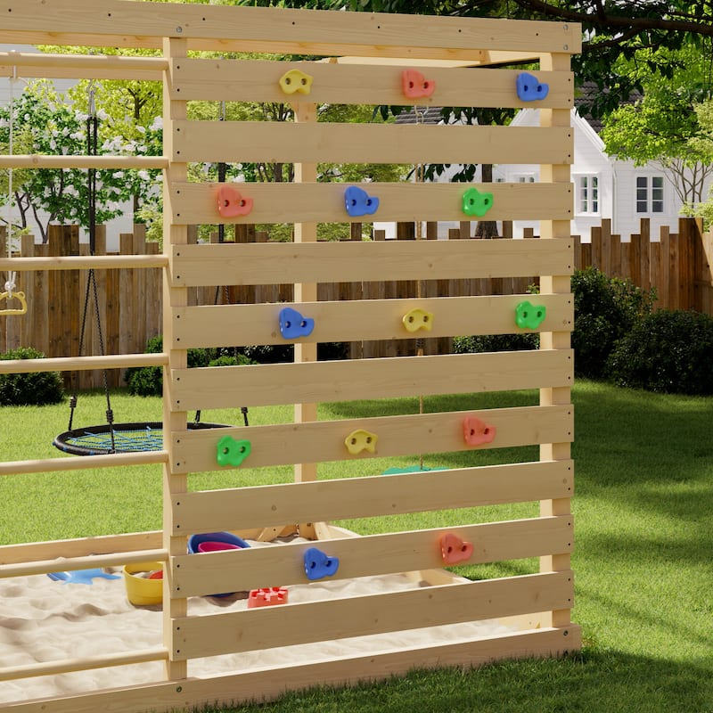 8-in-1 Cedar Wood Outdoor Playset for Backyard, Kids Swing Set with Climbing Wall, Monkey Bars, Basketball Hoop & Sand Box