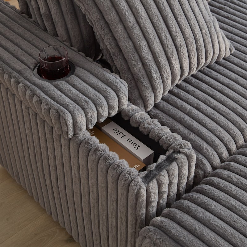 Anmytek 84 Inch Black Corduroy 3-Seater Deep Seat Sofa with Ottoman Storage Cup Holders and Pillows