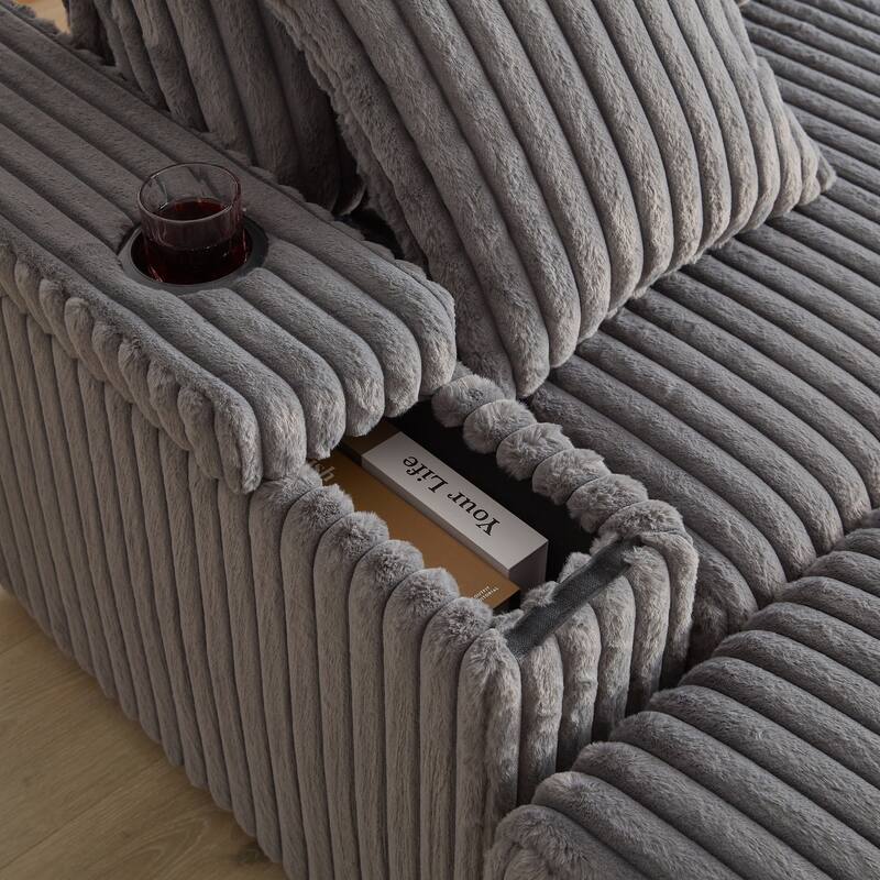 Deep Seat Sectional Loveseat Set with 2 Ottoman and 2 Pillows, Corduroy Chaise Lounge Bed with 2 Storage Spaces and Cupholding