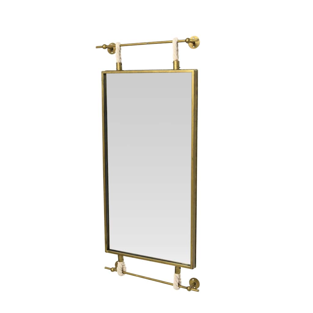 Metal Framed Wall Mirror with Rope Accents and Metal Brackets, Gold