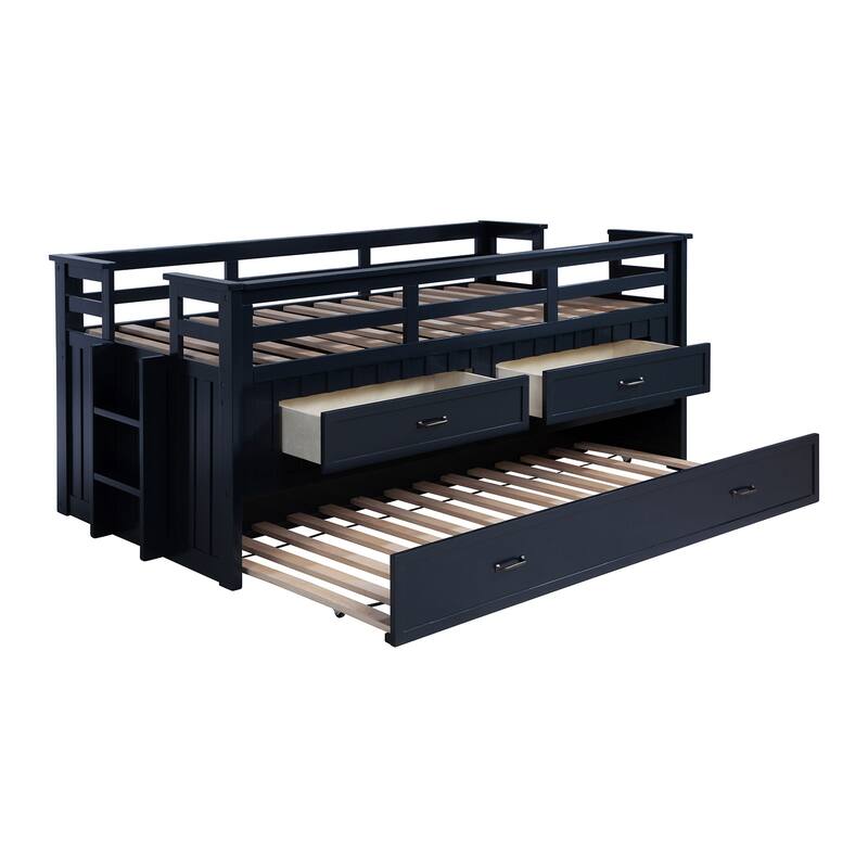 Wood Twin Captains Bed With Trundle in Navy Blue