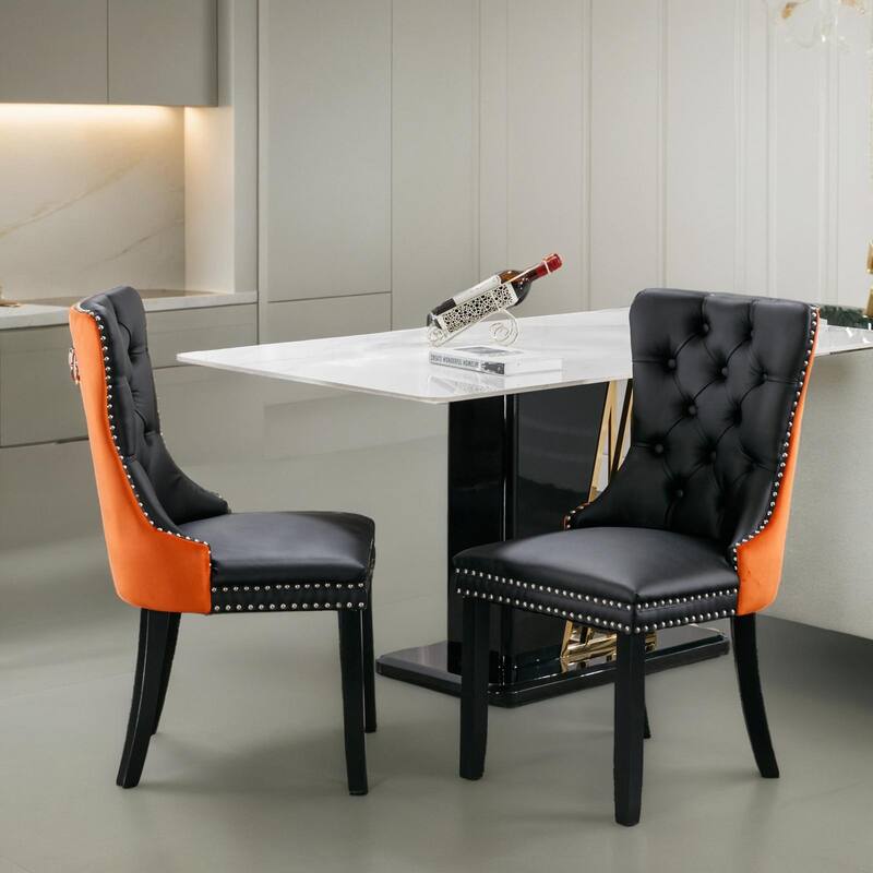 Set of 2 PU Leather and Velvet Dining Chairs Tufted Back with Nailed Trim and Back Ring Pull Home Kitchen Dining Room Chairs