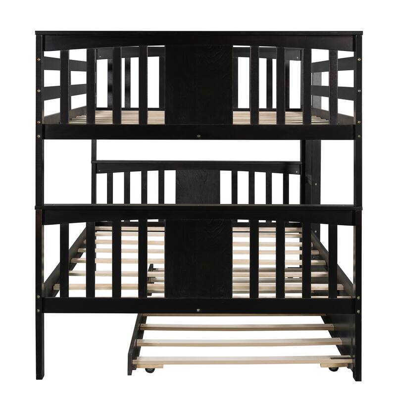Space-Saving Full Over Full Bunk Bed with Twin Size Trundle, Ladder, and Guardrails, Ideal for Bedrooms and Guest Rooms
