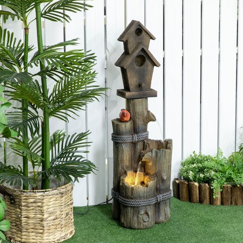 Outsunny Outdoor Fountain with Birdhouse, Cascading Garden Waterfall Bird Bath with 3-Tier Rustic Tree Trunk / Log Design
