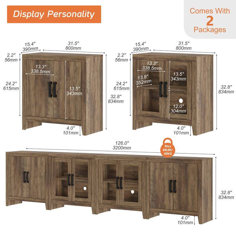 WAMPAT Farmhouse Buffet Cabinet with Glass Doors, 4-Piece Modular Sideboard with Adjustable Shelves