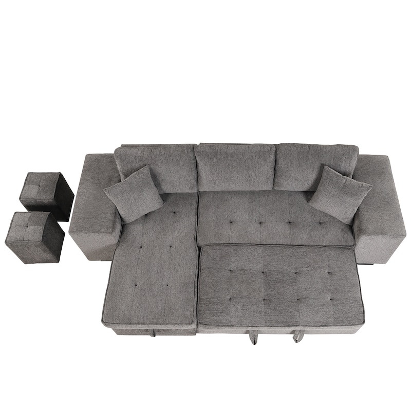 104.5" Linen L-Shaped Sectional Sofa Bed with Stools
