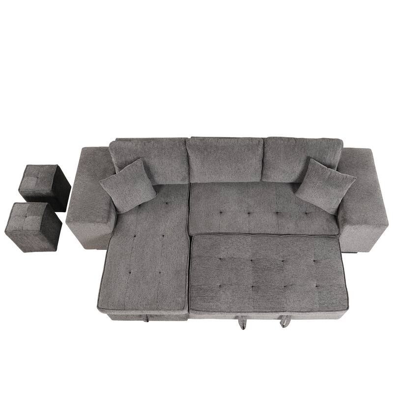 Convertible Sleeper Sectional Sofa, Reversible Sofa with Pull-Out Bed, Storage Chaise & 2 Stools, Linen Upholstered 4 Seat Sofa