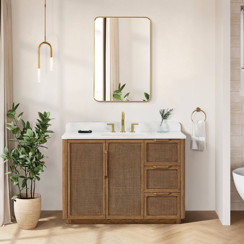 Busan Bath Vanity with White Quartz Stone Top without Mirror - 48in. - Oak Classic Brown