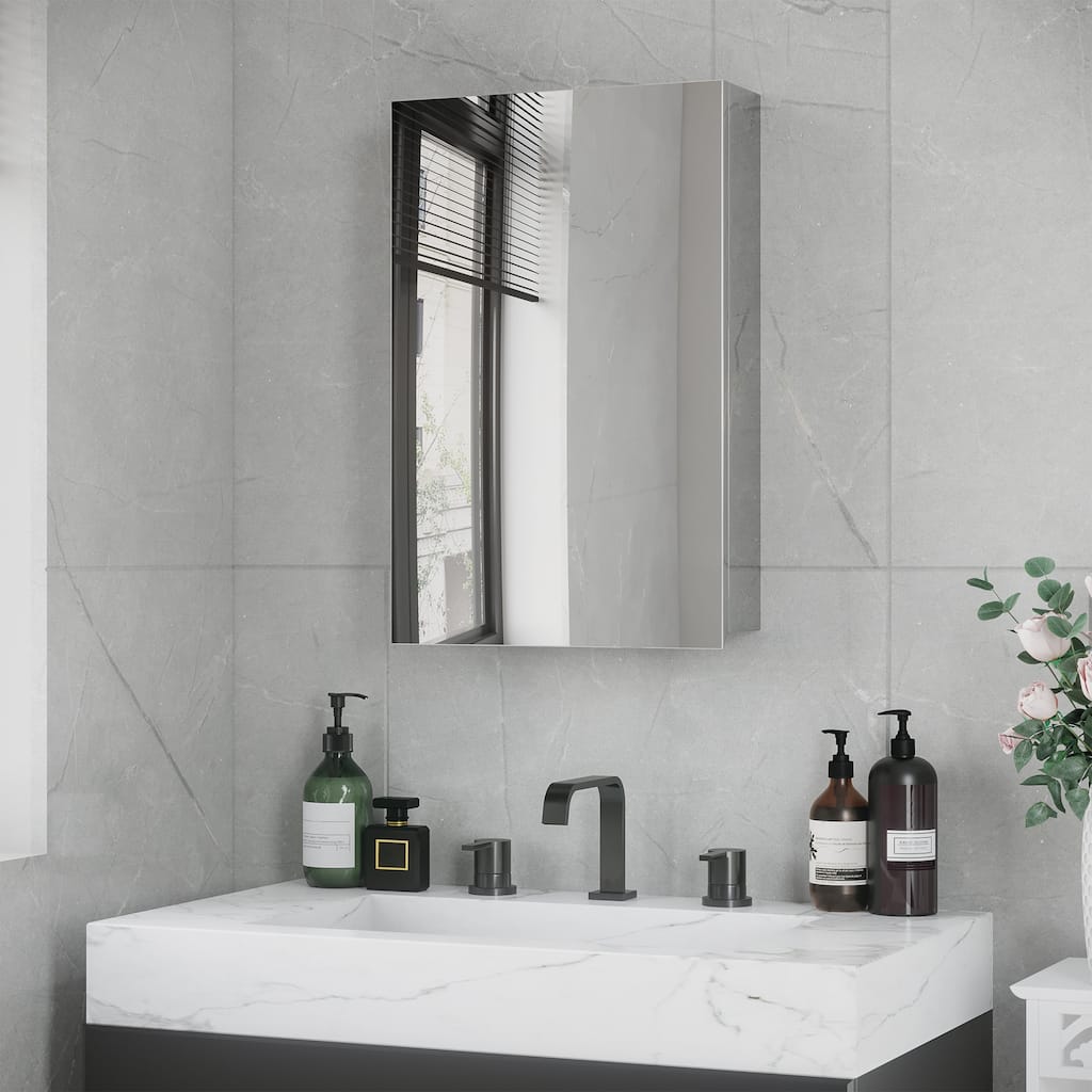 Space-Saving Silver Bathroom Mirror Cabinet with 3-Tier Shelves and Stainless-Steel Frame - 15.25" W x 4.75" D x 23.5" H
