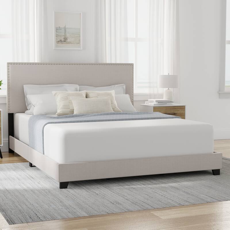 Gayle Nailhead Trim Upholstered Bed, by Hillsdale - Fog - Queen