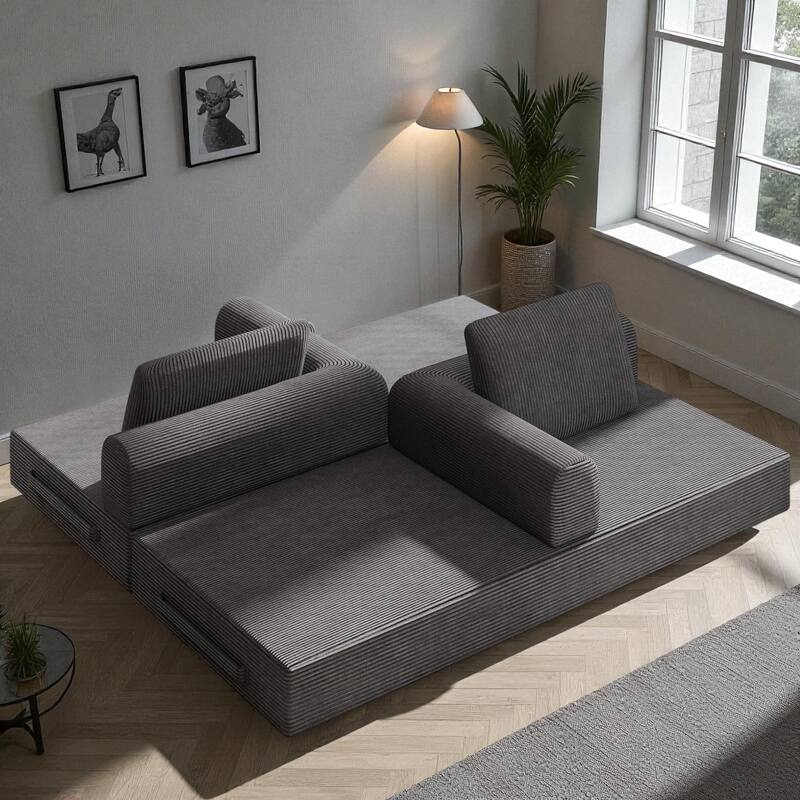 Convertible Corduroy Sleeper Sofa Bed, 3-Seat Folding Floor Couch with Cylindrical Pillow & Fixed-Shape Frame