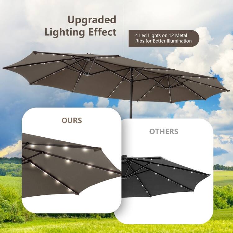 15FT Double Sided Patio Umbrella with LED Lights and Hand Crank Canopy
