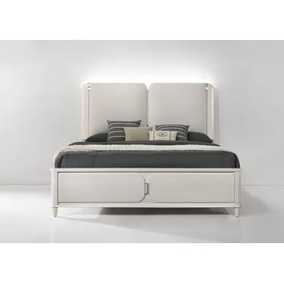 Laveda Light Gray Boucle & Pearl White Finish Queen Bed w/LED