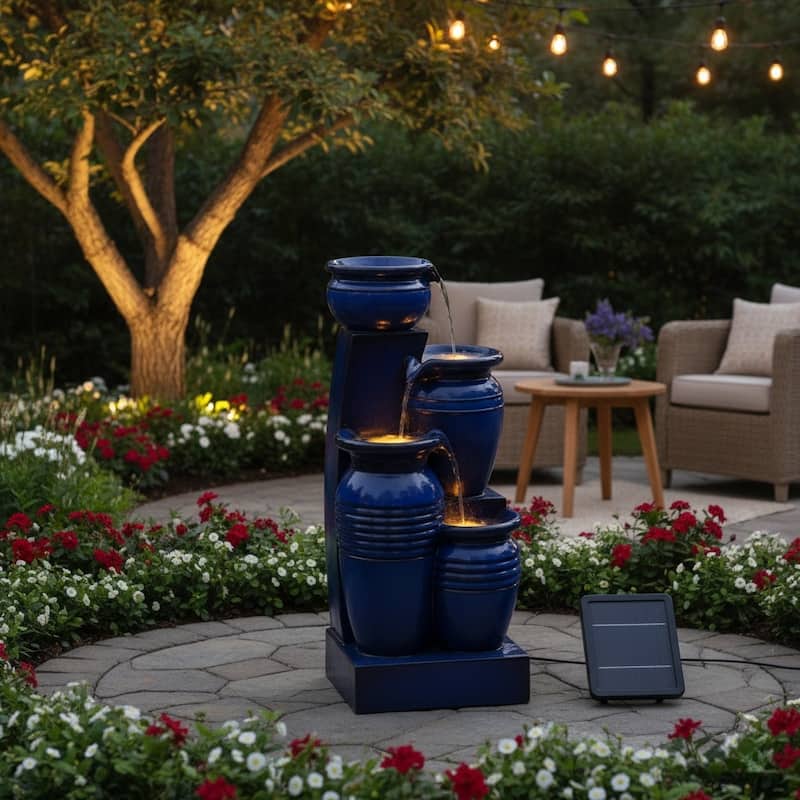 Teamson Home 28.74" 4-Tier Outdoor Fountain with LED Lights, Solar Powered, Weather-Resistant Faux Stone for Garden & Patio