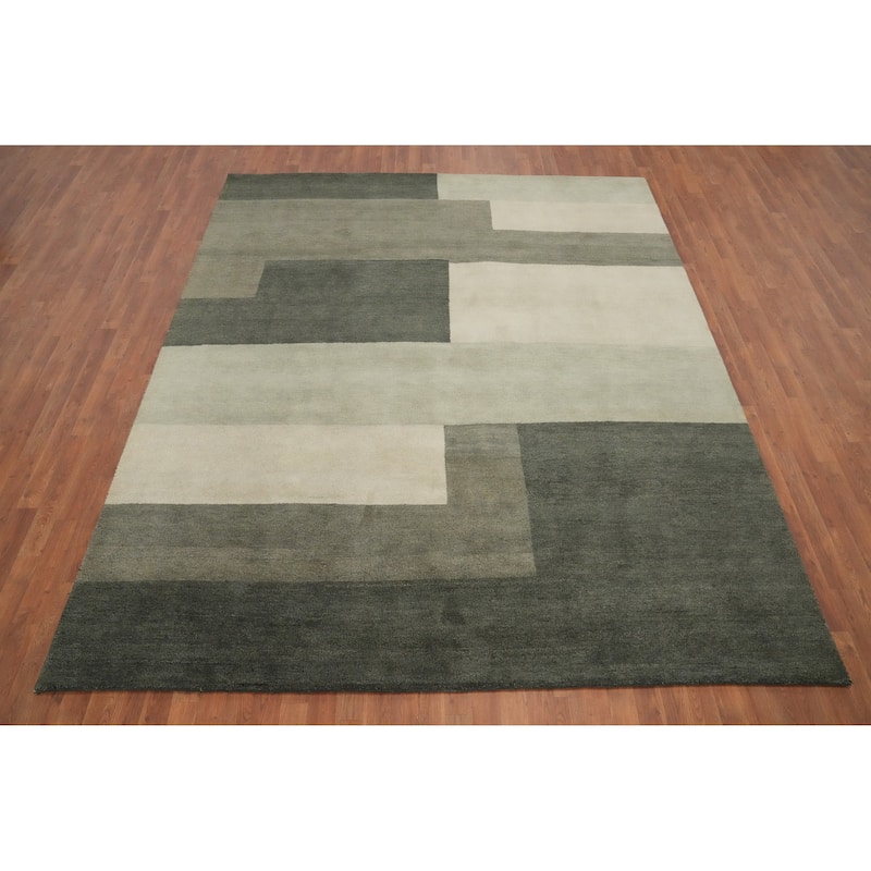 Hand Knotted Oriental 100% Wool Carpet Modern Geometric Green Gabbeh Area Rug - 9' 11'' X 8' 3''