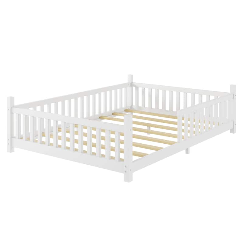 Full Low Floor House Bed with Fence and Roof for Kids Boys Girls - White