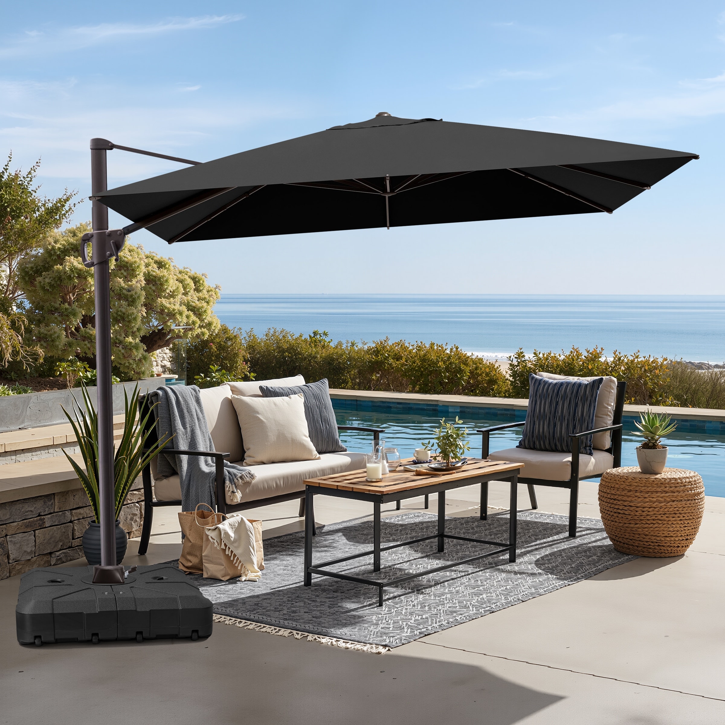 9 x 11 ft Patio Cantilever Offset Umbrella 360-degree Rotation with Base