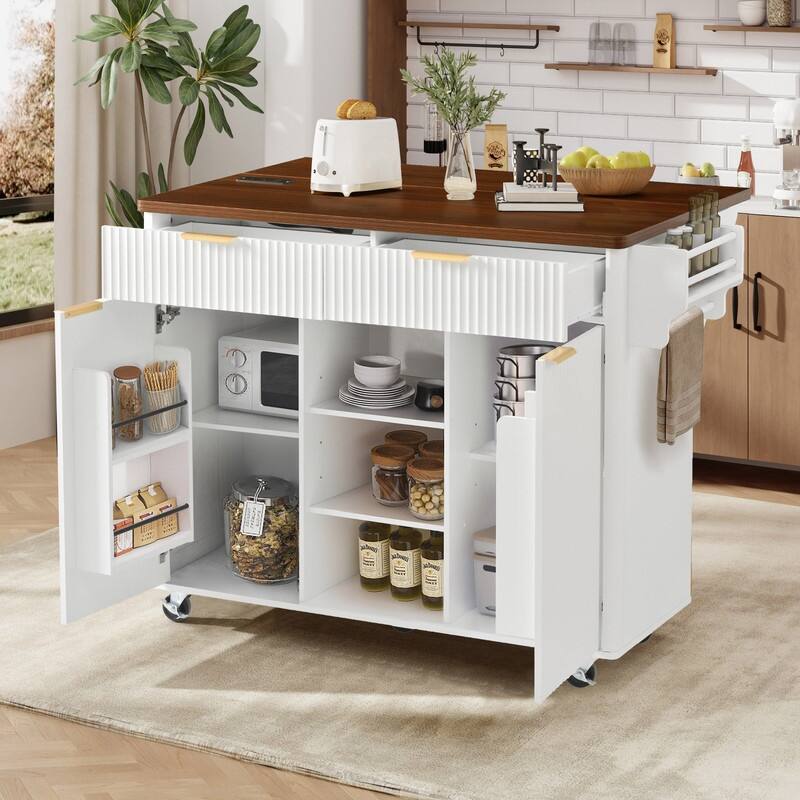 Fluted 52" Kitchen Island Cart with Drop Leaf, Power Outlet, Rolling Island Table with Adjustable Shelves for Versatile Storage