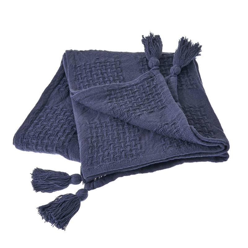 Porch & Den Hand-Woven Natural Cotton Basket Weave Standard Size Throw Blanket - Indigo