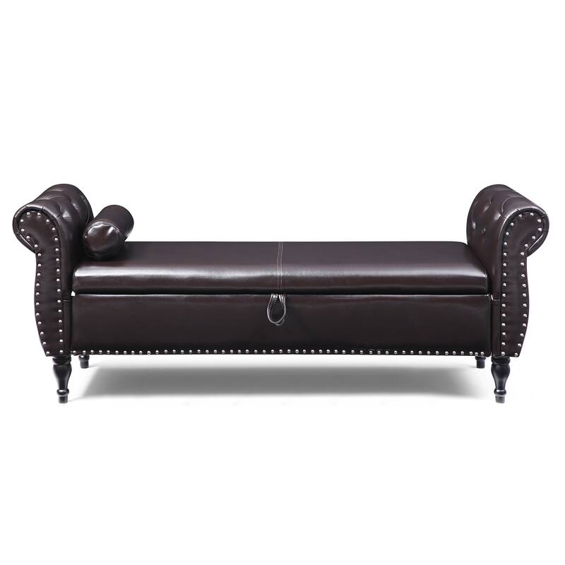 63" PU Upholstered End of Bed Bench Flip Top Entryway Ottoman with Safety Hinge Storage Rectangular Sofa Stool Buttons