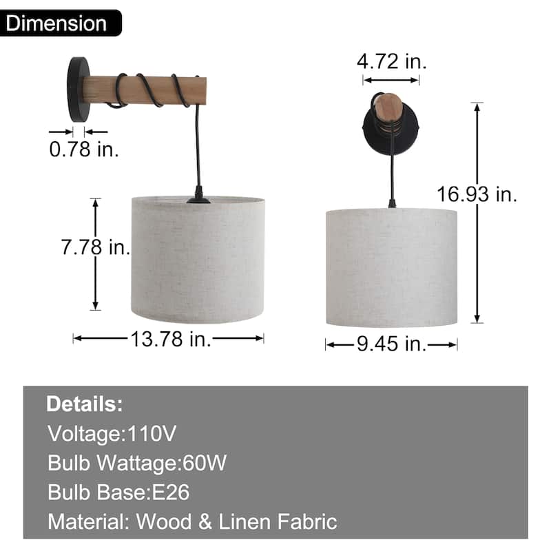 Starsky Indoor Wall Light Wall Sconces with White Fabric Linen Lampshades and Oak Wood Arm, Set of 2 - set of 2
