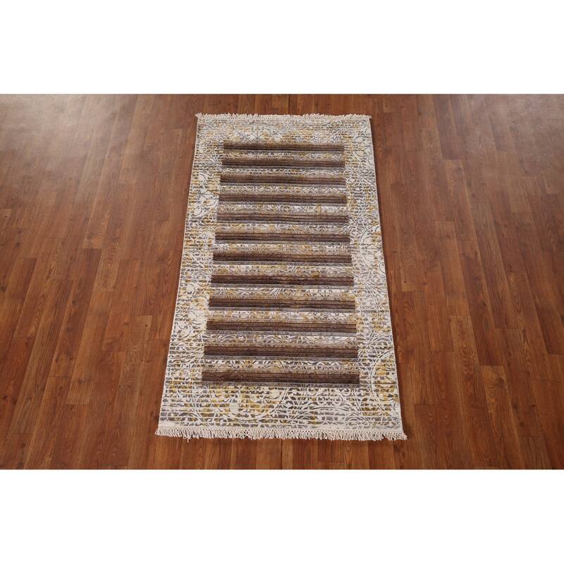 Striped Abstract Oriental Modern Accent Rug Hand-Knotted Wool Carpet - 2'9" x 4'10"