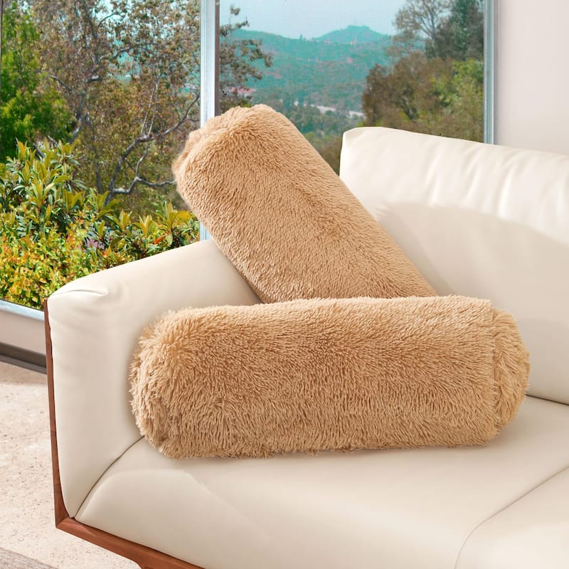 Cheer Collection 8" x 24" Set of 2 Shaggy Long Hair Bolster Pillows - Taupe