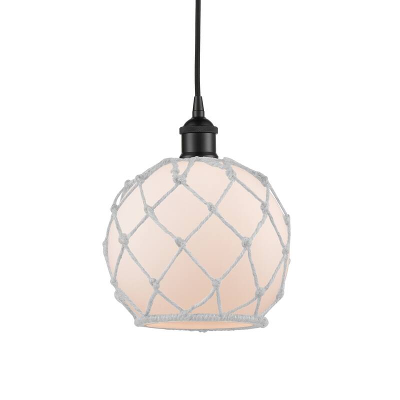 Innovations Lighting 616-1P-11-8 Farmhouse Pendant Farmhouse 8" Wide - Matte Black / White Glass / White Rope
