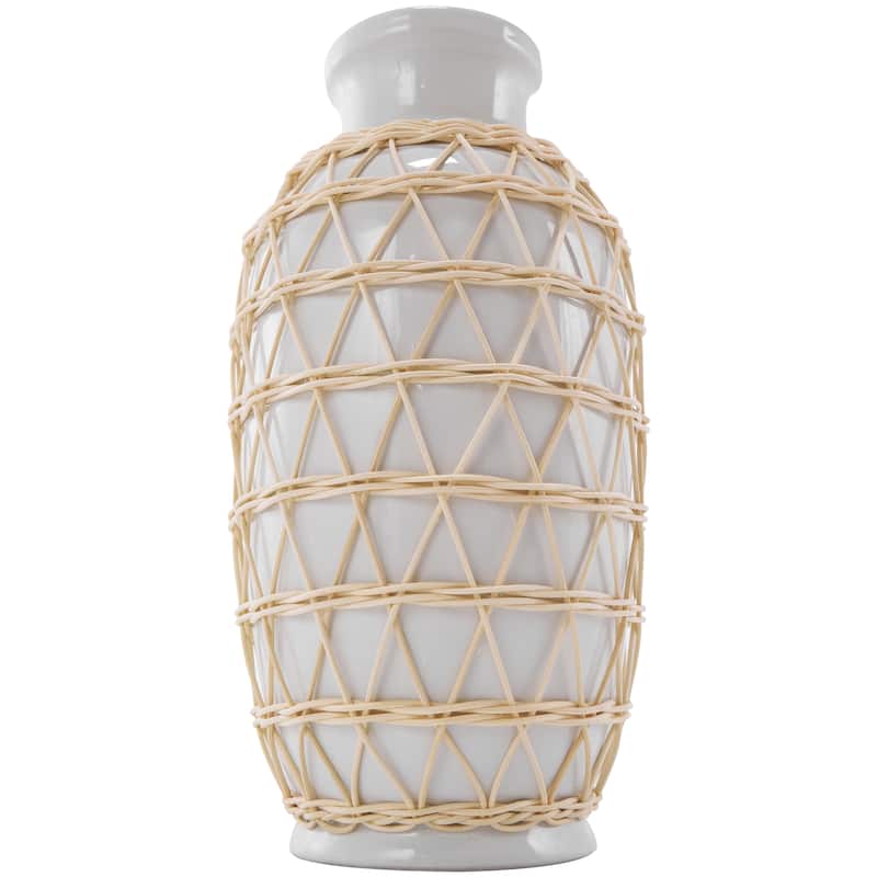 White Ceramic Vase with Woven Rattan Exterior - 7"W, 14"H