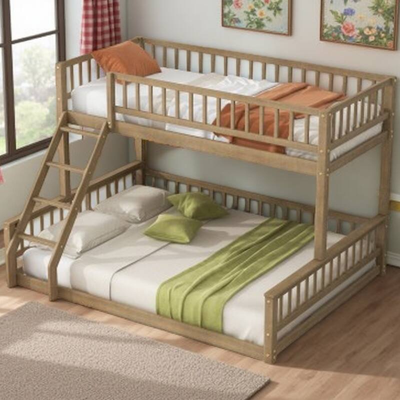 Convertible Bunk Bed with Twin XL and Queen Frame, Wood Design with Guardrails Included - Walnut