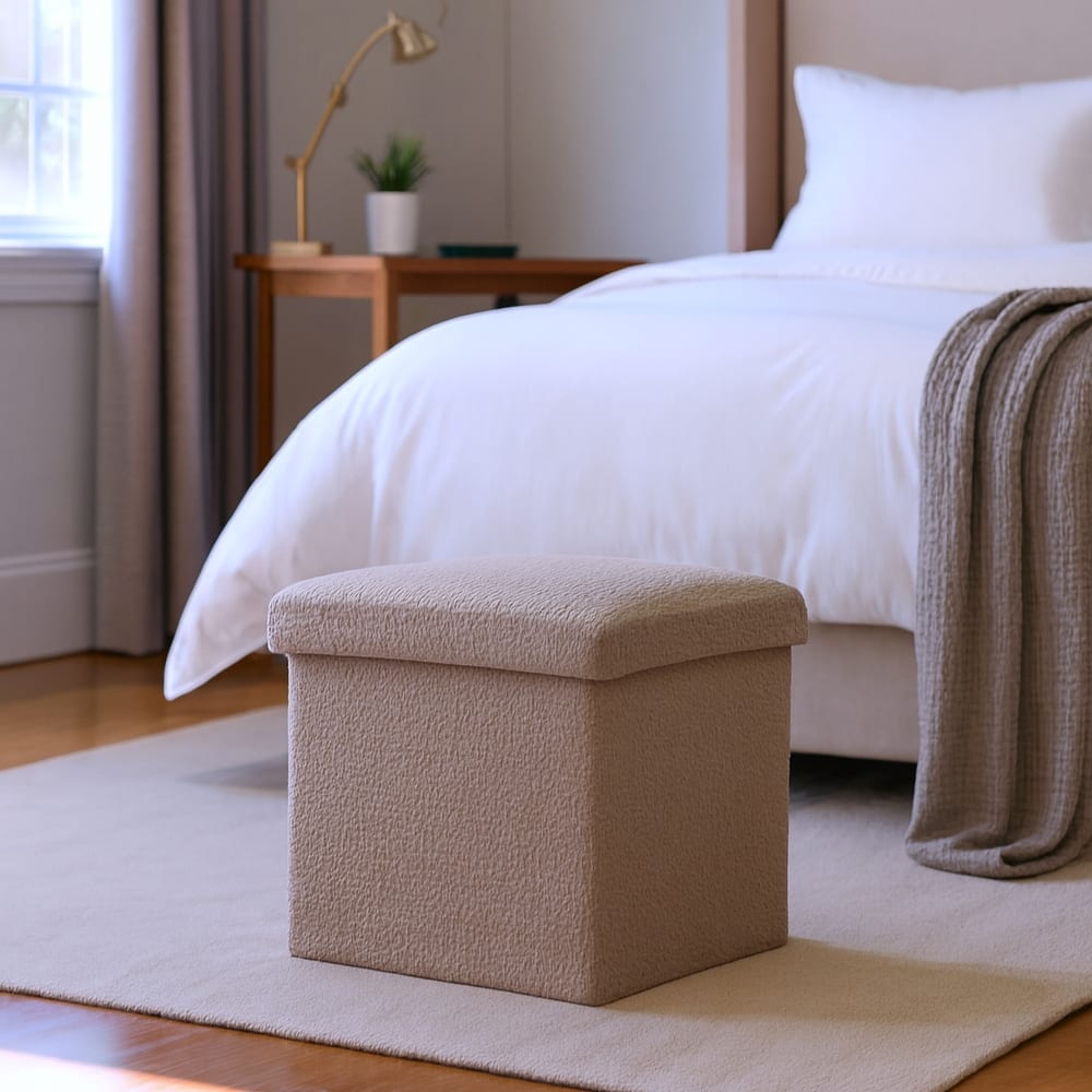 HomeRoots 12" White Boucle Cube Storage Ottoman