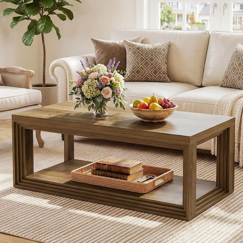 47.24" Rectangular Rustic Coffee Table With Open Storage Shelf