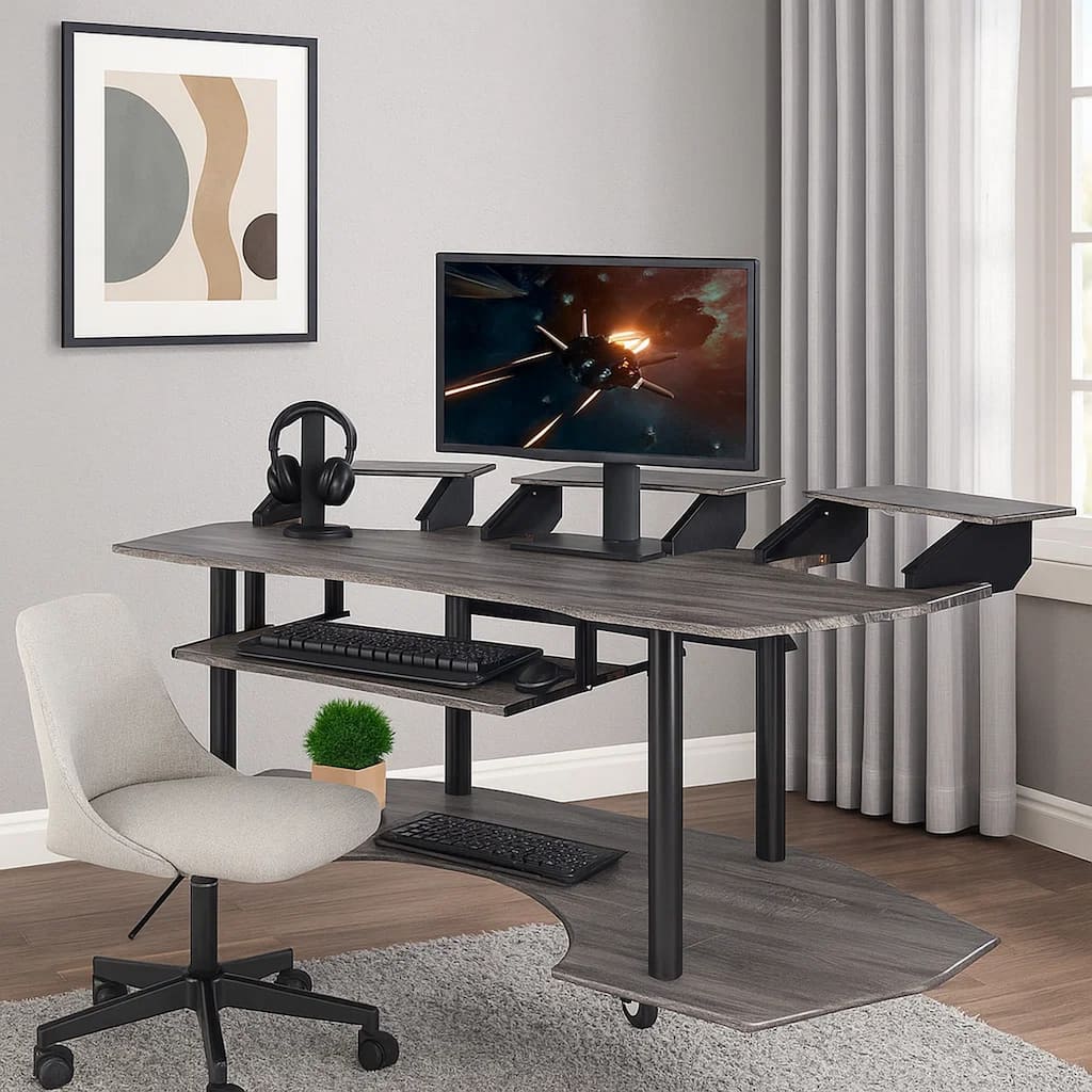 Wooden Computer Desk with Keyboard Tray and Open Bottom Shelf, Gray
