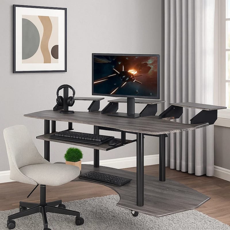 Wooden Computer Desk with Keyboard Tray and Open Bottom Shelf, Gray
