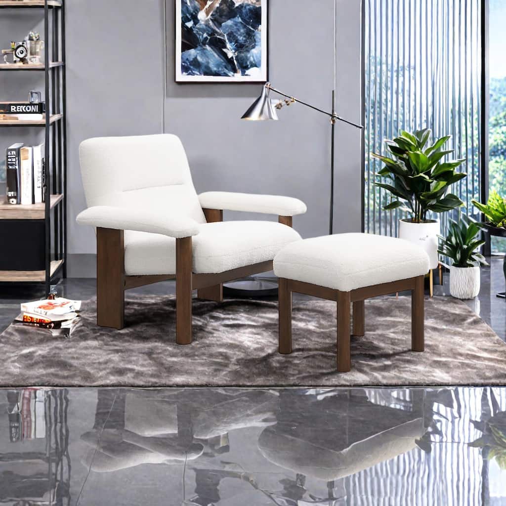Polyester Modern Accent Chair with Ottoman, Mid-Century Design, Solid Wood Frame, and Plush Cushioning