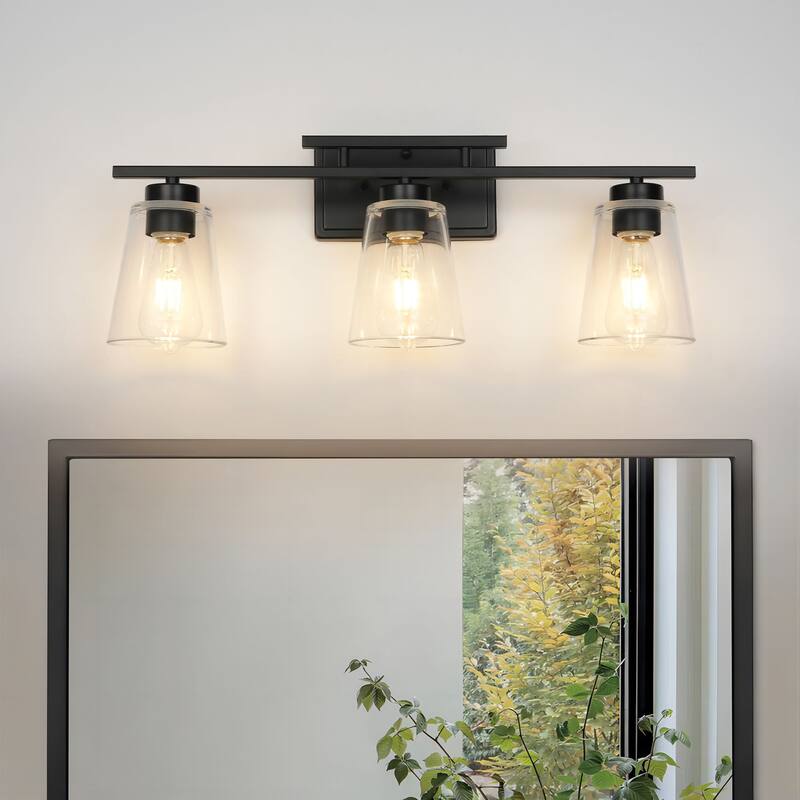 3-Light Modern Black Linear Cone Clear Glass Bathroom Vanity Light - 23.62 in. W x 7.09 in. D x 9.25 in. H