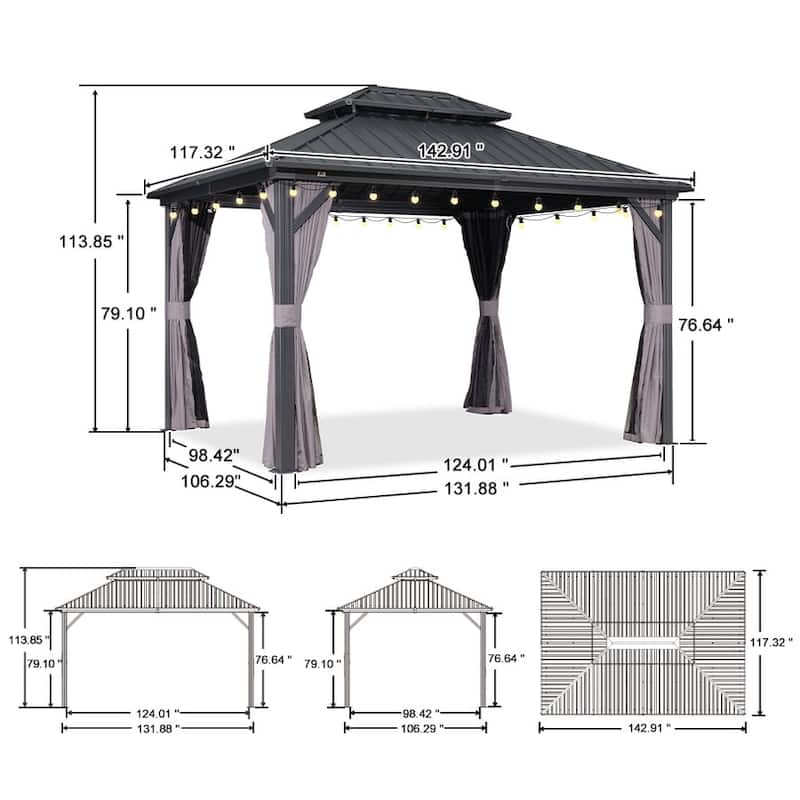 PURPLE LEAF Gazebo Outdoor Gazebo with Dual-Layer Galvanized Steel Double Roof Aluminum Gazebo with Netting and Curtains Grey