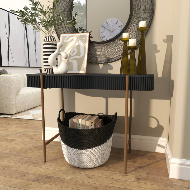 Black Wooden Rounded Rectangular Ribbed Living Room Console Table with Gold Metal Legs