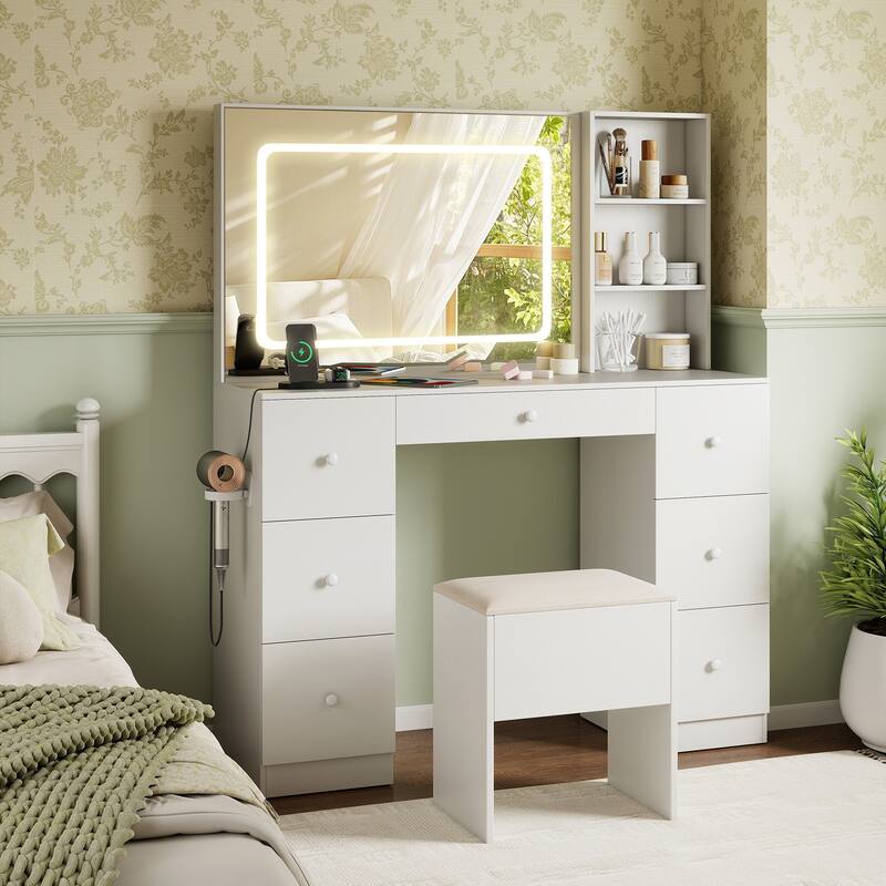 Vanity Desk and Stool Set with Lighted Mirror Built in Charging Station and Large Storage Drawers White - 46" x 16" x 56" - White