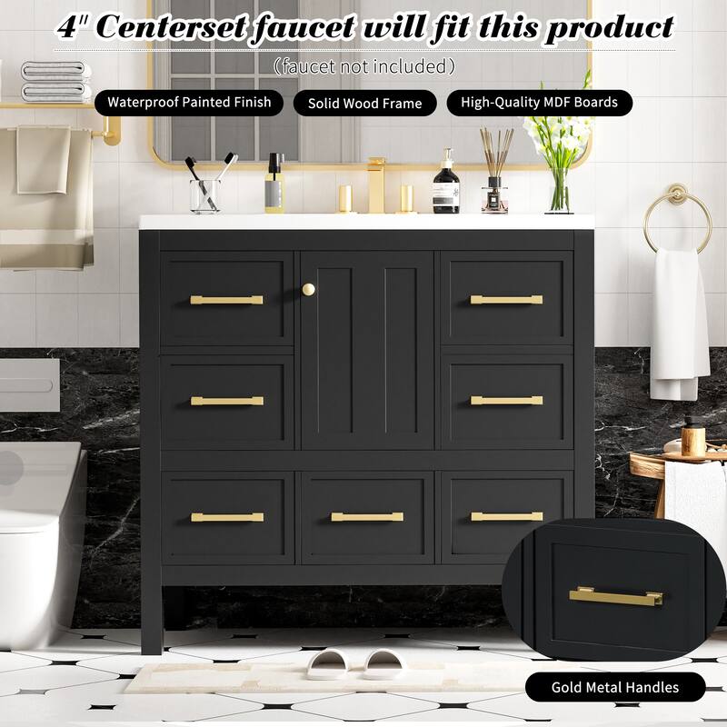 Freestanding Vanity for Bathroom with Resin Sink, Storage Cabinet with 5 Drawers, Soft Closing Doors and Gold Metal Handles