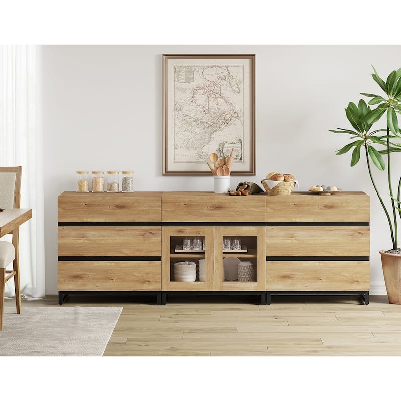 WAMPAT 3 in 1 Sideboard Buffet Cabinets with Glass Doors and 7 Drawers, Coffee Bar Cabinet Storage Cabinet for Kitchen