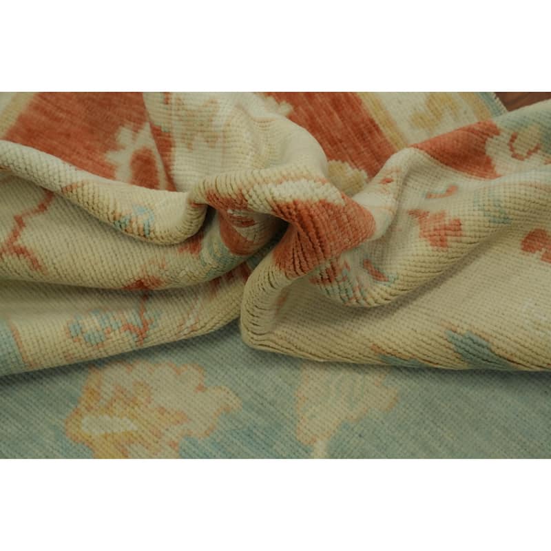Vegetable Dye Wool Oushak Turkish Area Rug, Floral Geometric Carpet - 11' 11'' X 9' 0''